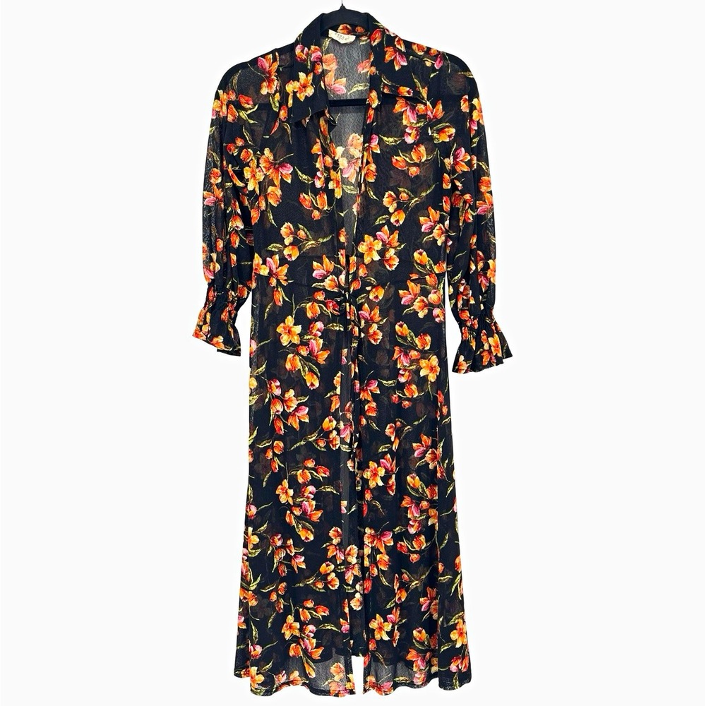 Ember Women's S Sheer Floral Mesh Duster Black Orange Long Open Front Boho